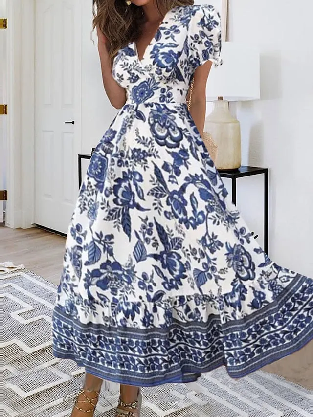 Women's Casual Dress Summer Dress Print Dress Floral Ruched Print V Neck Puff Sleeve Midi Dress Active Fashion Outdoor Street Short Sleeve Loose Fit Black Red Blue Summer Spring S M L XL XXL