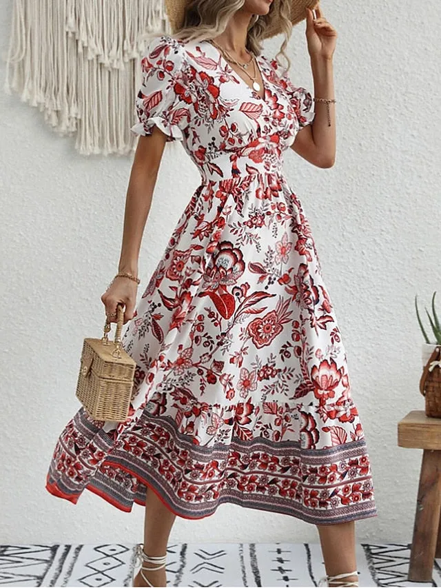 Women's Casual Dress Summer Dress Print Dress Floral Ruched Print V Neck Puff Sleeve Midi Dress Active Fashion Outdoor Street Short Sleeve Loose Fit Black Red Blue Summer Spring S M L XL XXL