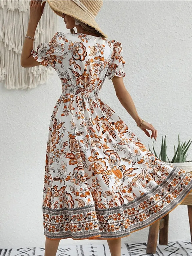 Women's Casual Dress Summer Dress Print Dress Floral Ruched Print V Neck Puff Sleeve Midi Dress Active Fashion Outdoor Street Short Sleeve Loose Fit Black Red Blue Summer Spring S M L XL XXL