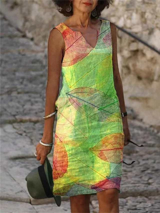Women's Casual Dress Tank Dress Summer Dress Leaf Floral Print V Neck Midi Dress Fashion Streetwear Outdoor Street Short Sleeve Loose Fit Yellow Blue Green Summer Spring S M L XL XXL