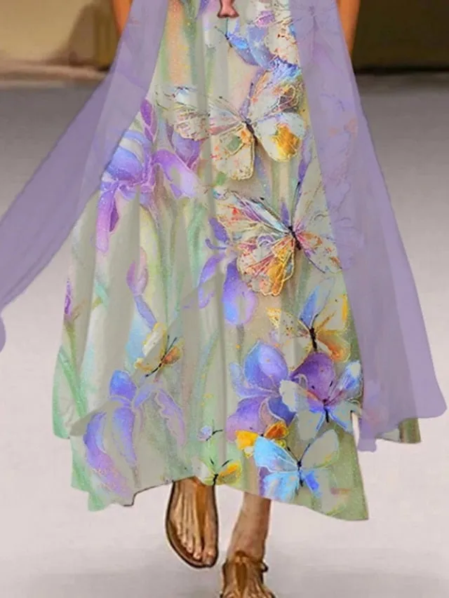 Women's Dress Set Two Piece Dress A Line Dress Maxi long Dress Light Green Purple Short Sleeve Animal Ruched Spring Summer Crew Neck Casual Daily Vacation 2023 S M L XL XXL 3XL