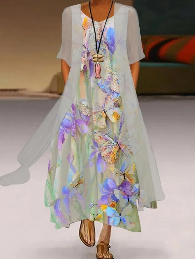 Women's Dress Set Two Piece Dress A Line Dress Maxi long Dress Light Green Purple Short Sleeve Animal Ruched Spring Summer Crew Neck Casual Daily Vacation 2023 S M L XL XXL 3XL