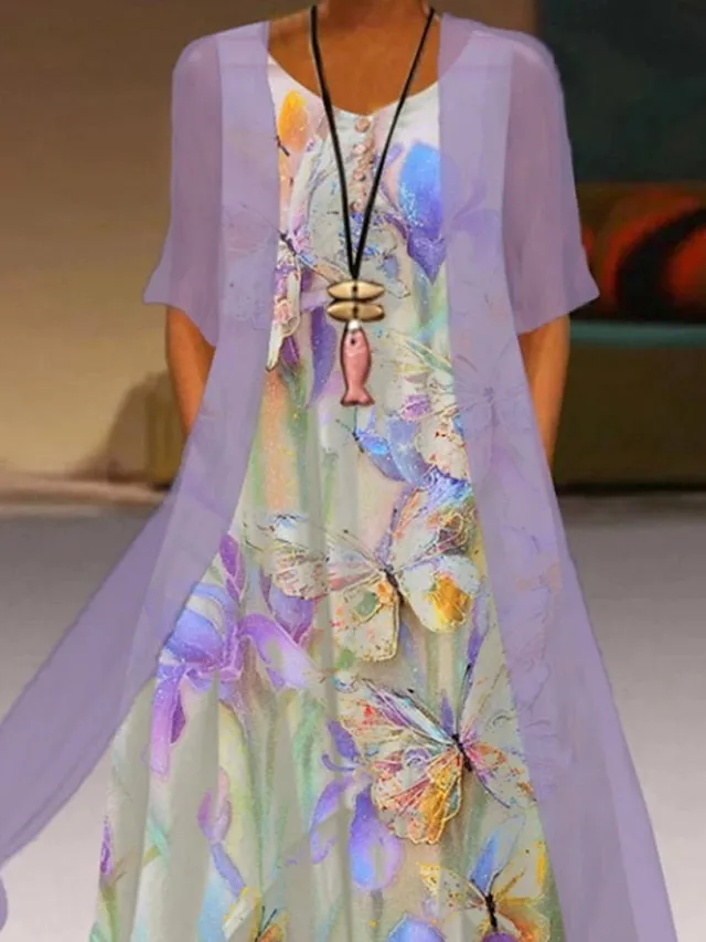 Women's Dress Set Two Piece Dress A Line Dress Maxi long Dress Light Green Purple Short Sleeve Animal Ruched Spring Summer Crew Neck Casual Daily Vacation 2023 S M L XL XXL 3XL
