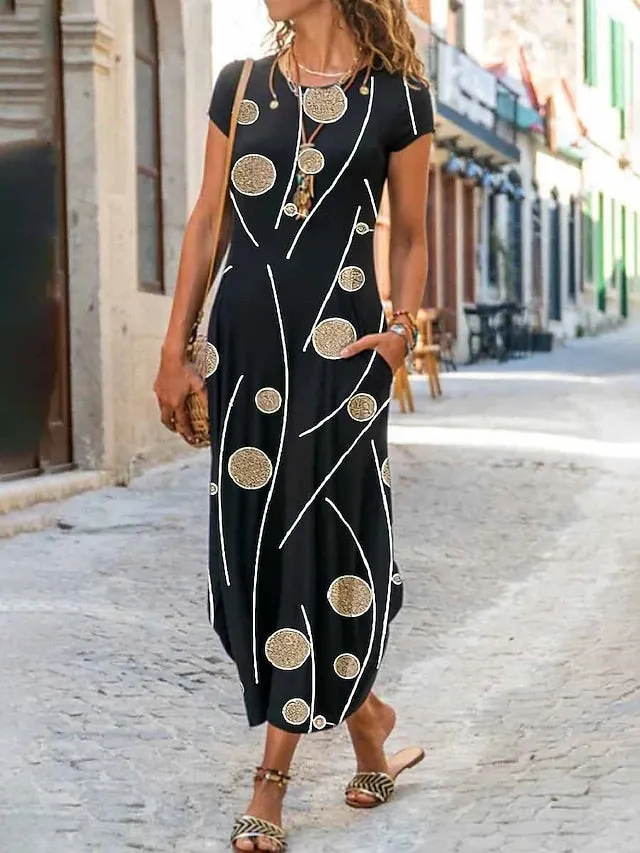 Women's Long Dress Maxi Dress Casual Dress Shift Dress Summer Dress Floral Geometric Feather Fashion Streetwear Outdoor Daily Going out Pocket Split Short Sleeve Crew Neck Dress Regular Fit Black