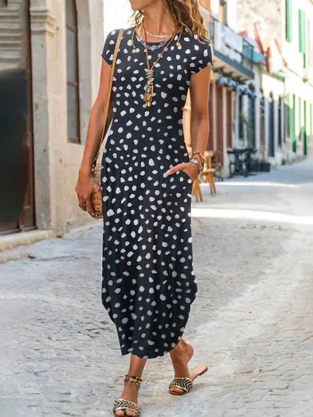Women's Long Dress Maxi Dress Casual Dress Shift Dress Summer Dress Floral Geometric Feather Fashion Streetwear Outdoor Daily Going out Pocket Split Short Sleeve Crew Neck Dress Regular Fit Black