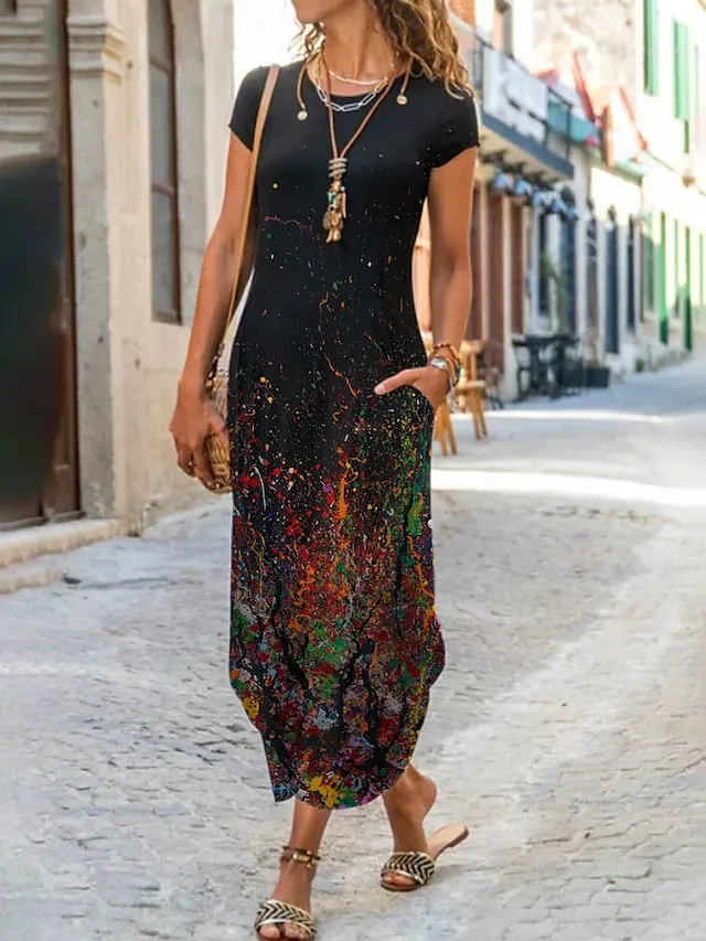 Women's Long Dress Maxi Dress Casual Dress Shift Dress Summer Dress Floral Geometric Feather Fashion Streetwear Outdoor Daily Going out Pocket Split Short Sleeve Crew Neck Dress Regular Fit Black