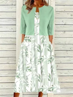 Women's Two Piece Dress Set Casual Dress Print Dress Outdoor Daily Fashion Streetwear Print Midi Dress Crew Neck Half Sleeve Floral Regular Fit Green Summer Spring S M L XL XXL
