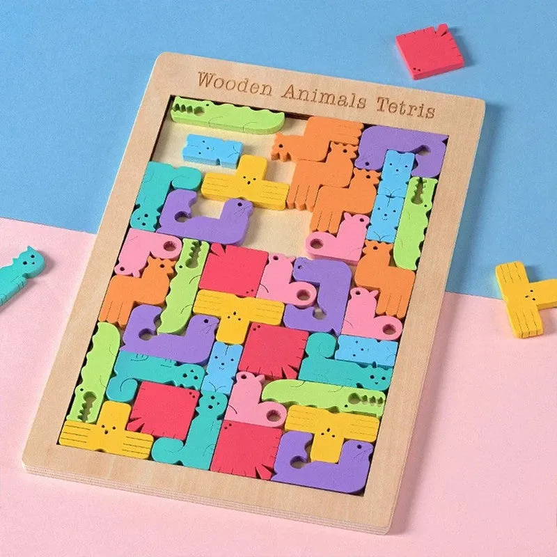 Wooden Animal Blocks Tetris Puzzle